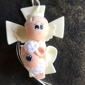 Handmade cream & white angel with sheep rosary denarius for boy or girl baptism